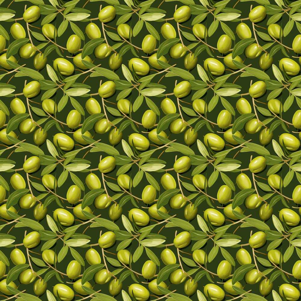 Realistic Olive Fruit Leaves Deep Green Background Wildflower Pattern