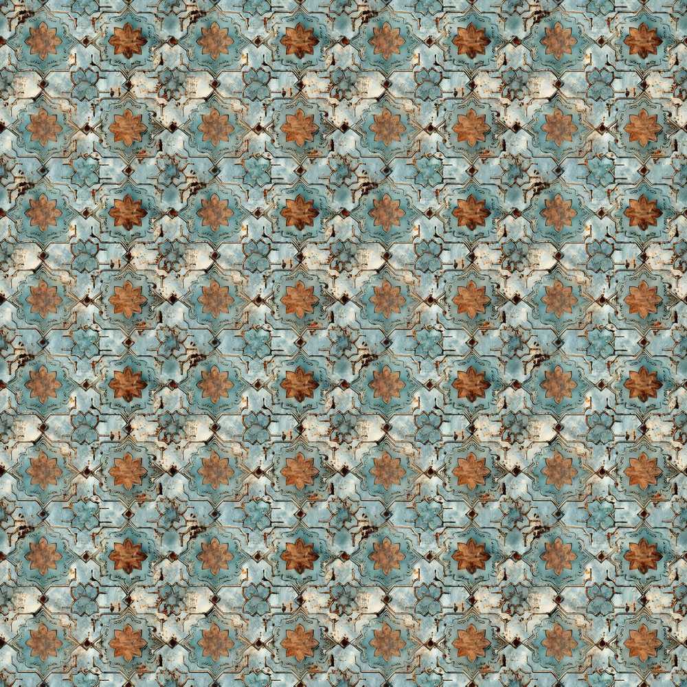 Vintage Blue Floral Tile Distressed Ornamental Texture Wildflower Pattern