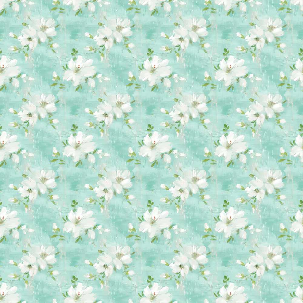 Teal White Blossom Floral Soft Textured Botanical Wildflower Pattern