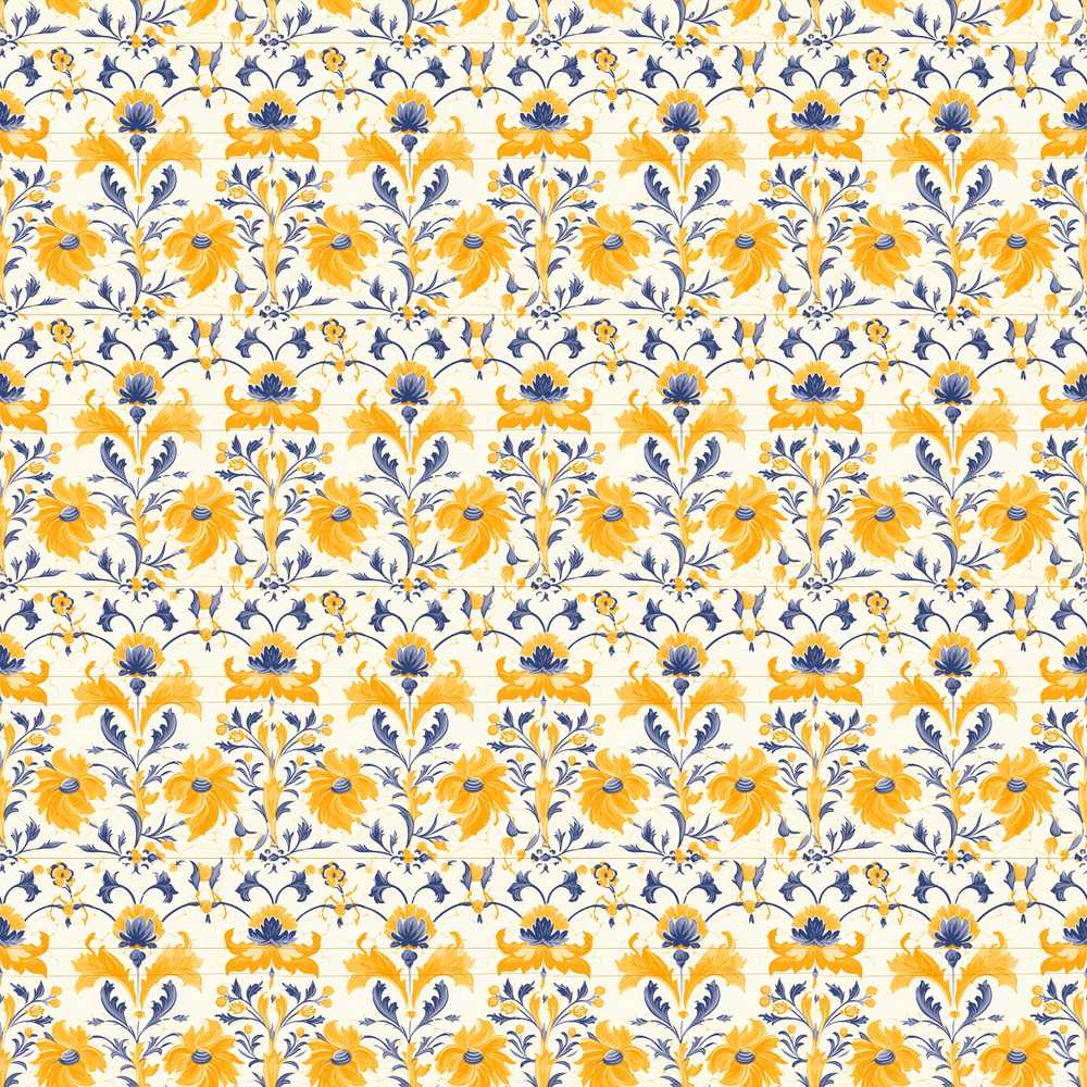 Blue Yellow Tile Floral Decorative Ceramic Style Wildflower Pattern