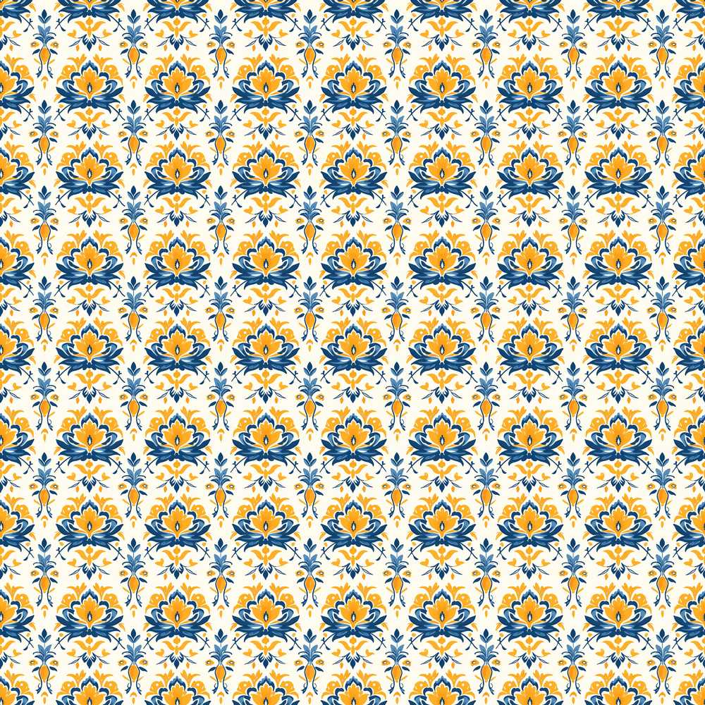 Blue Yellow Ornamental Floral Tile Vintage Ceramic Style Wildflower