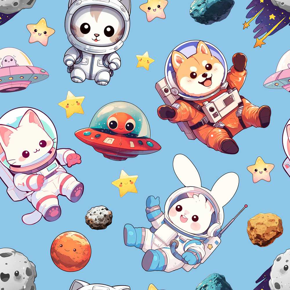 Cute Space Animals Astronaut Blue Galaxy Kids Illustration