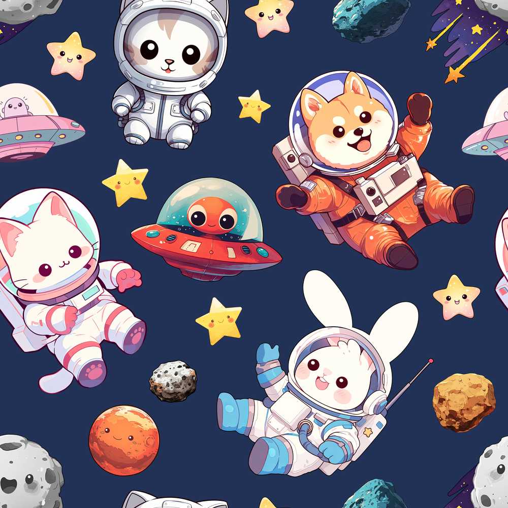 Cute Space Animals Astronaut Navy Galaxy Kids Illustration
