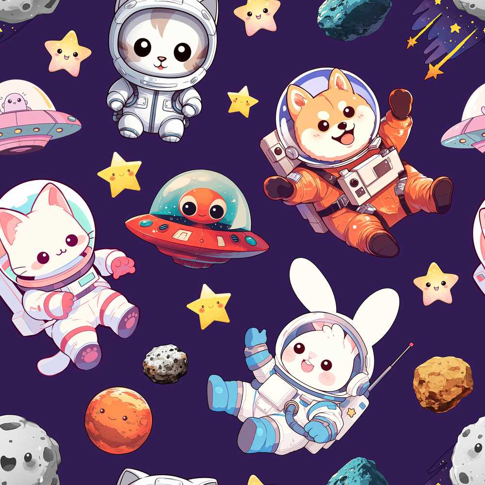 Cute Space Animals Astronaut Purple Galaxy Kids Illustration