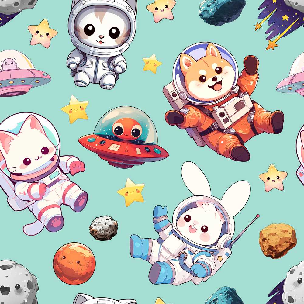 Cute Space Animals Astronaut Mint Galaxy Kids Illustration