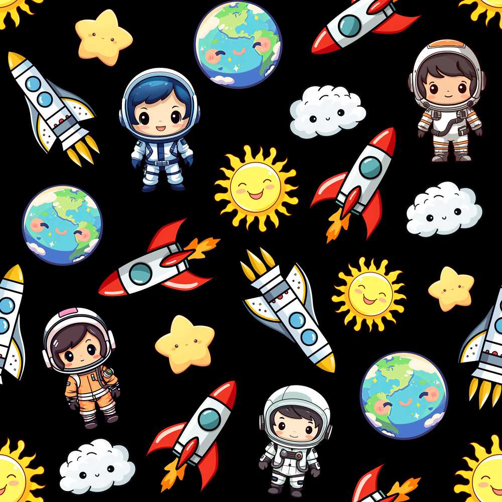 Cute Kids Space Rockets Astronaut Black Galaxy Cosmic