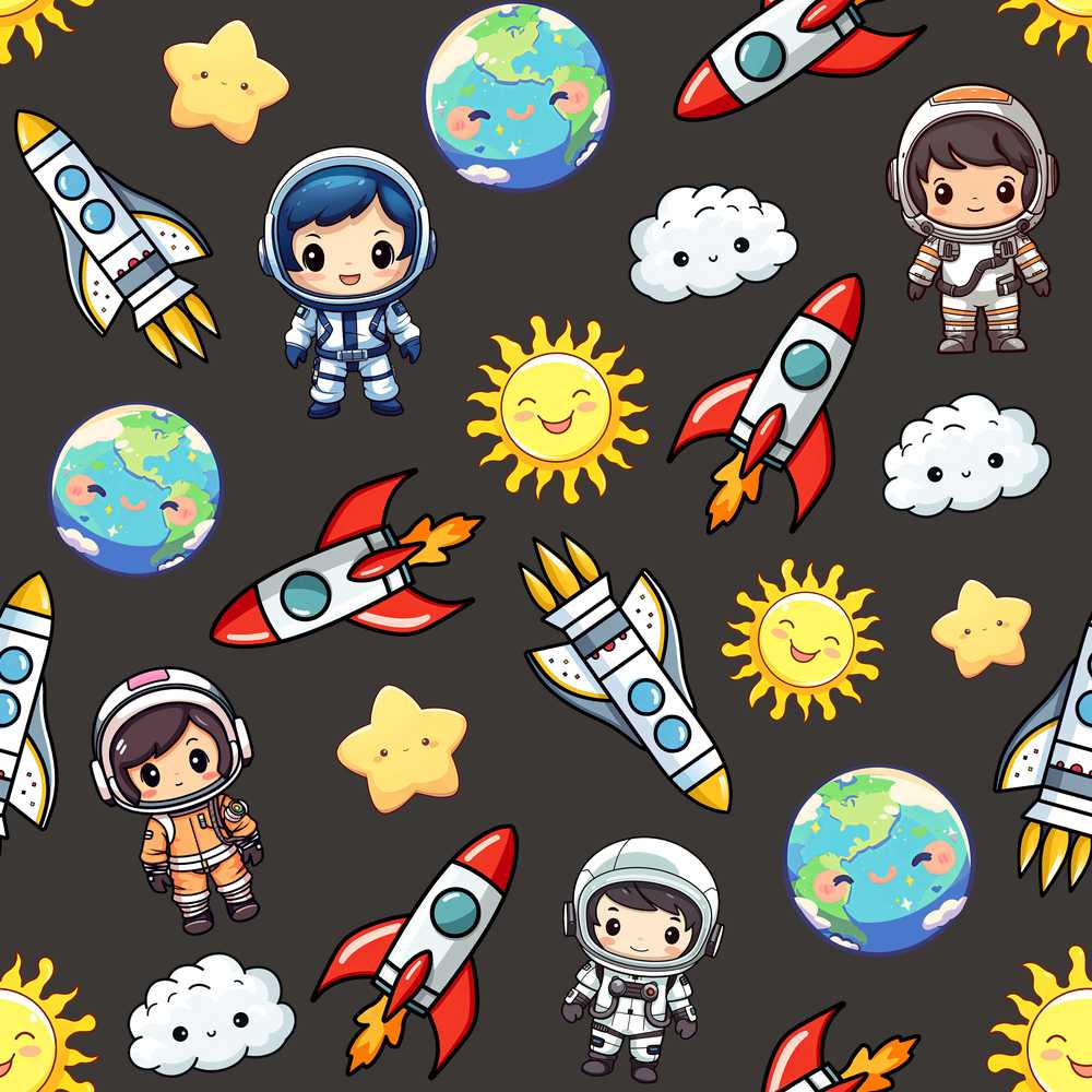 Kids Space Rockets Astronaut Dark Grey Background Fun