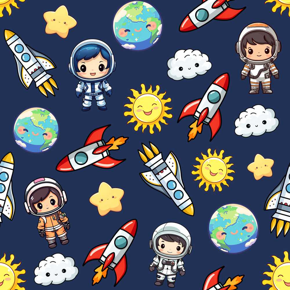 Kids Space Rockets Astronaut Navy Blue Background Fun