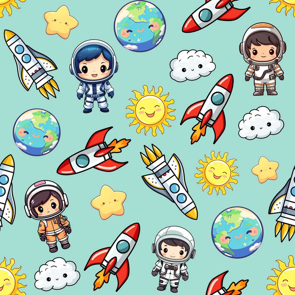 Kids Space Rockets Astronaut Mint Green Background Fun