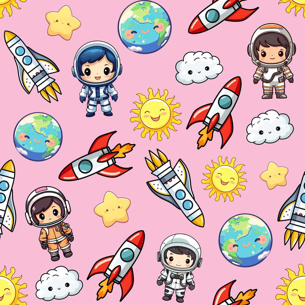 Kids Space Rockets Astronaut Rose Pink Background Fun Wildflower