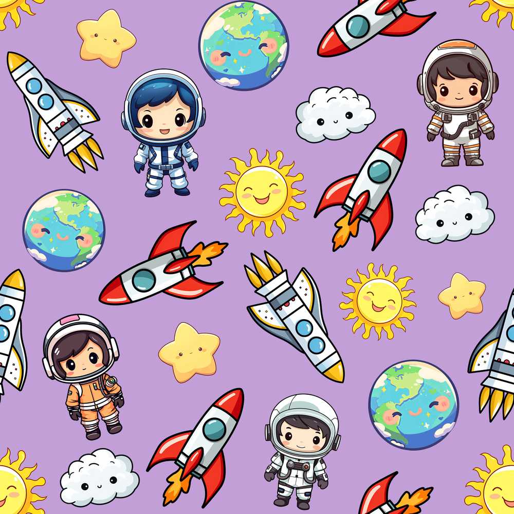 Cute Kids Space Rockets Astronaut Purple Background Fun