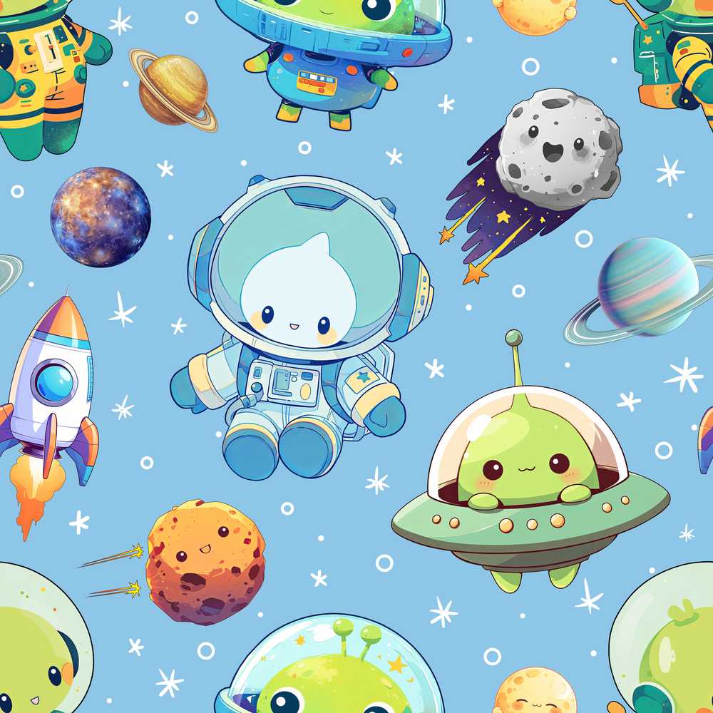 Space Astronaut Alien UFO Light Blue Background Fun Kids