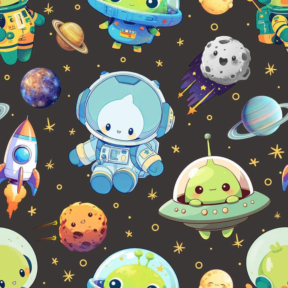 Space Astronaut Alien UFO Dark Grey Background Fun Kids