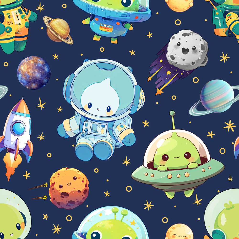 Space Astronaut Alien UFO Navy Blue Background Fun Kids