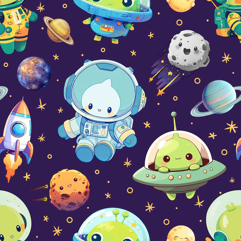 Space Astronaut Alien UFO Purple Background Fun Kids