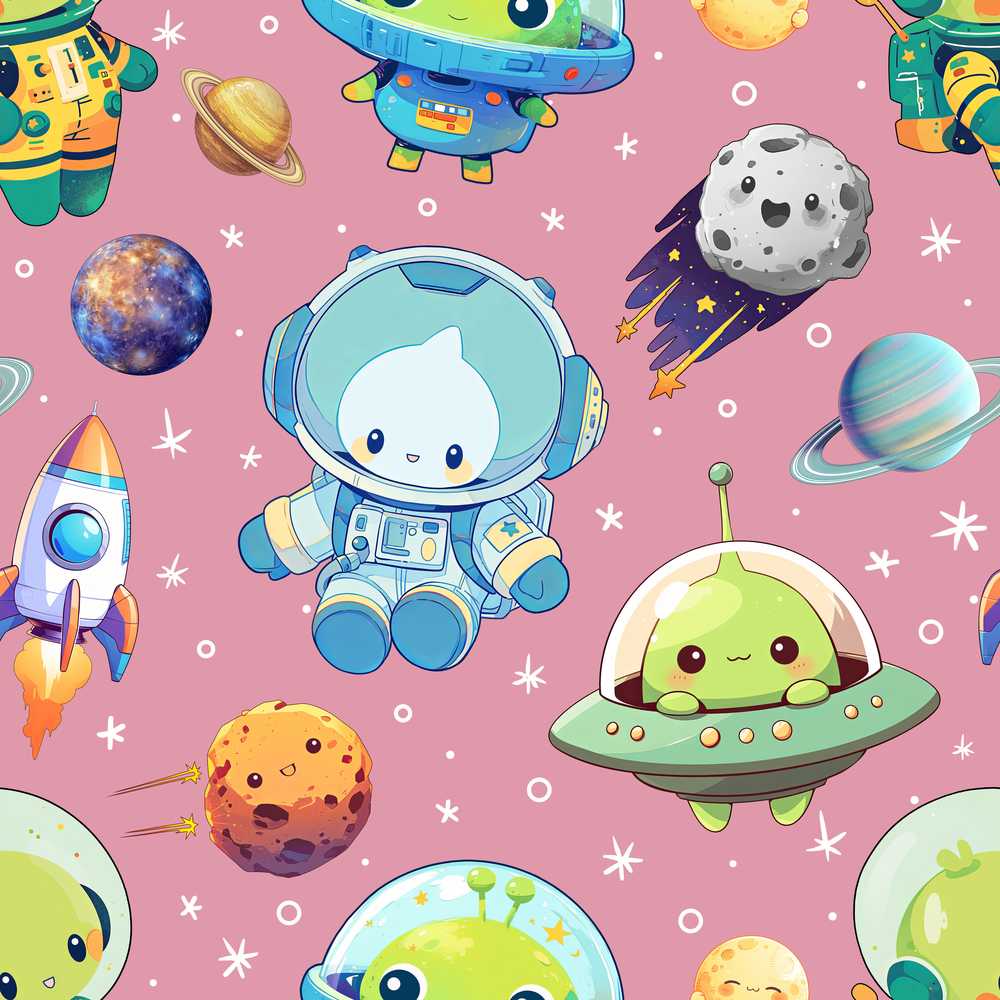 Space Astronaut Alien UFO Pink Background Fun Kids