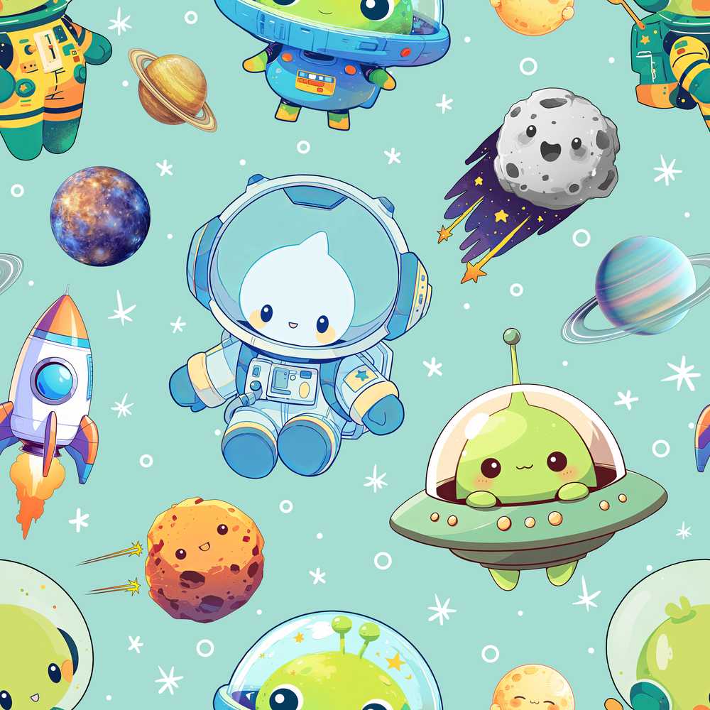 Space Astronaut Alien UFO Mint Green Background Fun Kids