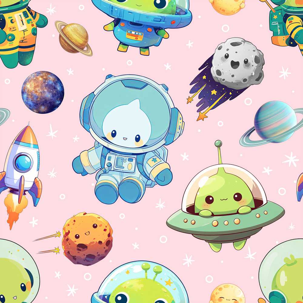 Space Astronaut Alien UFO Soft Pink Background Fun Kids
