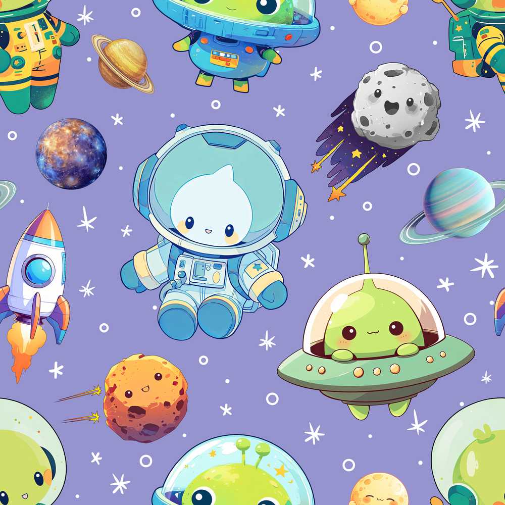 Space Astronaut Alien UFO Purple Background Fun Kids