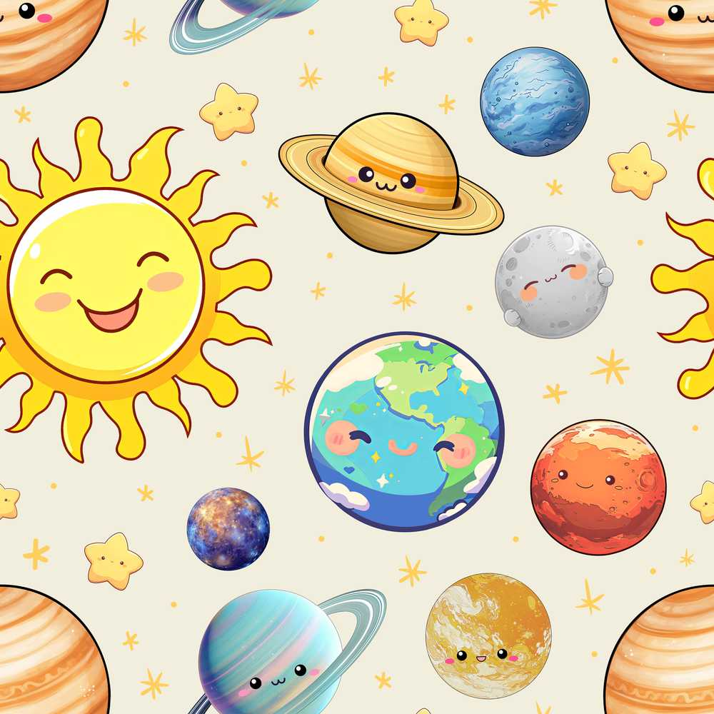 Solar System Sun Earth Planets Beige Background Cute Kids