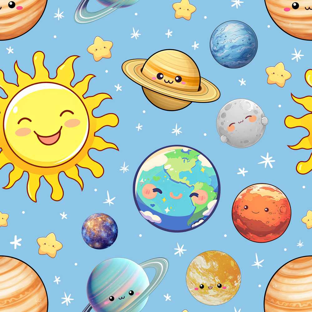 Solar System Sun Earth Planets Blue Background Cute Kids
