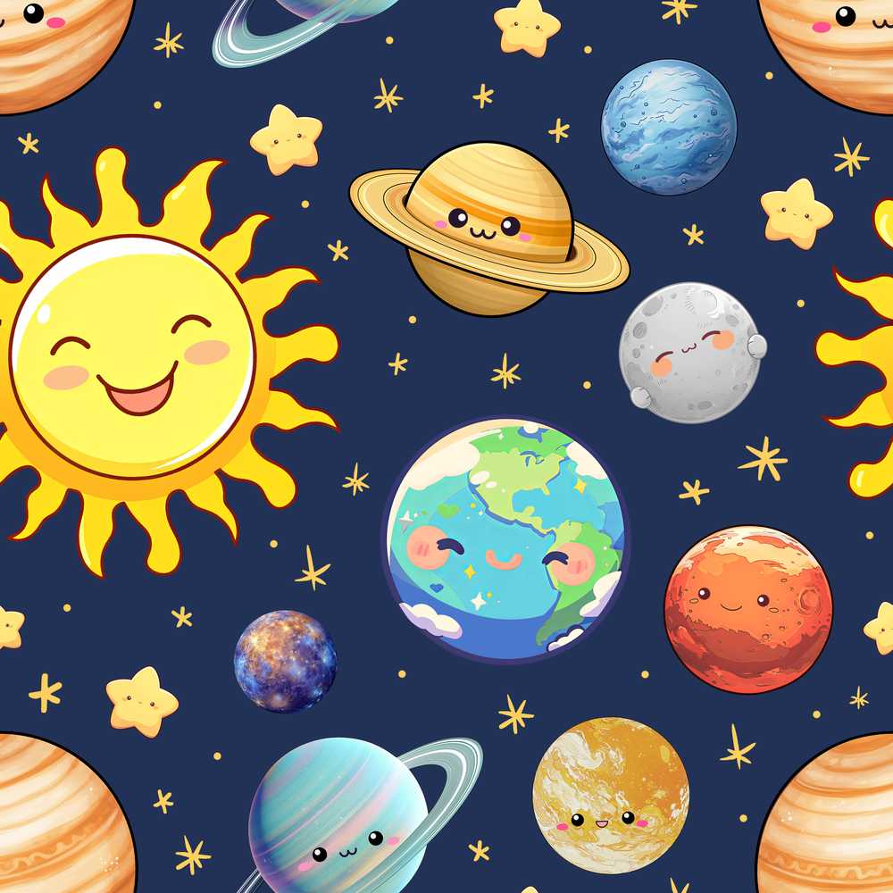 Solar System Sun Earth Planets Navy Background Cute Kids