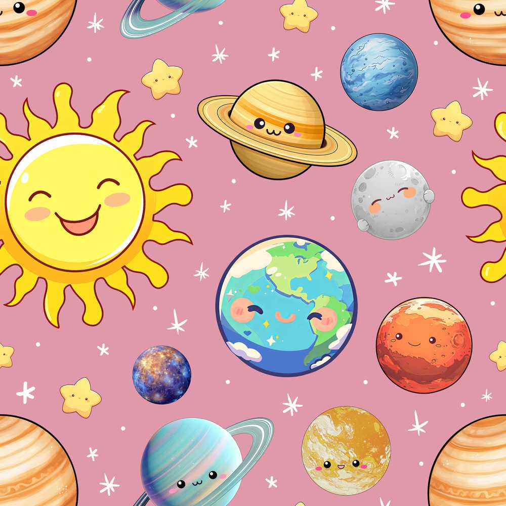 Solar System Planets Smiling Sun Earth Saturn Pink Background