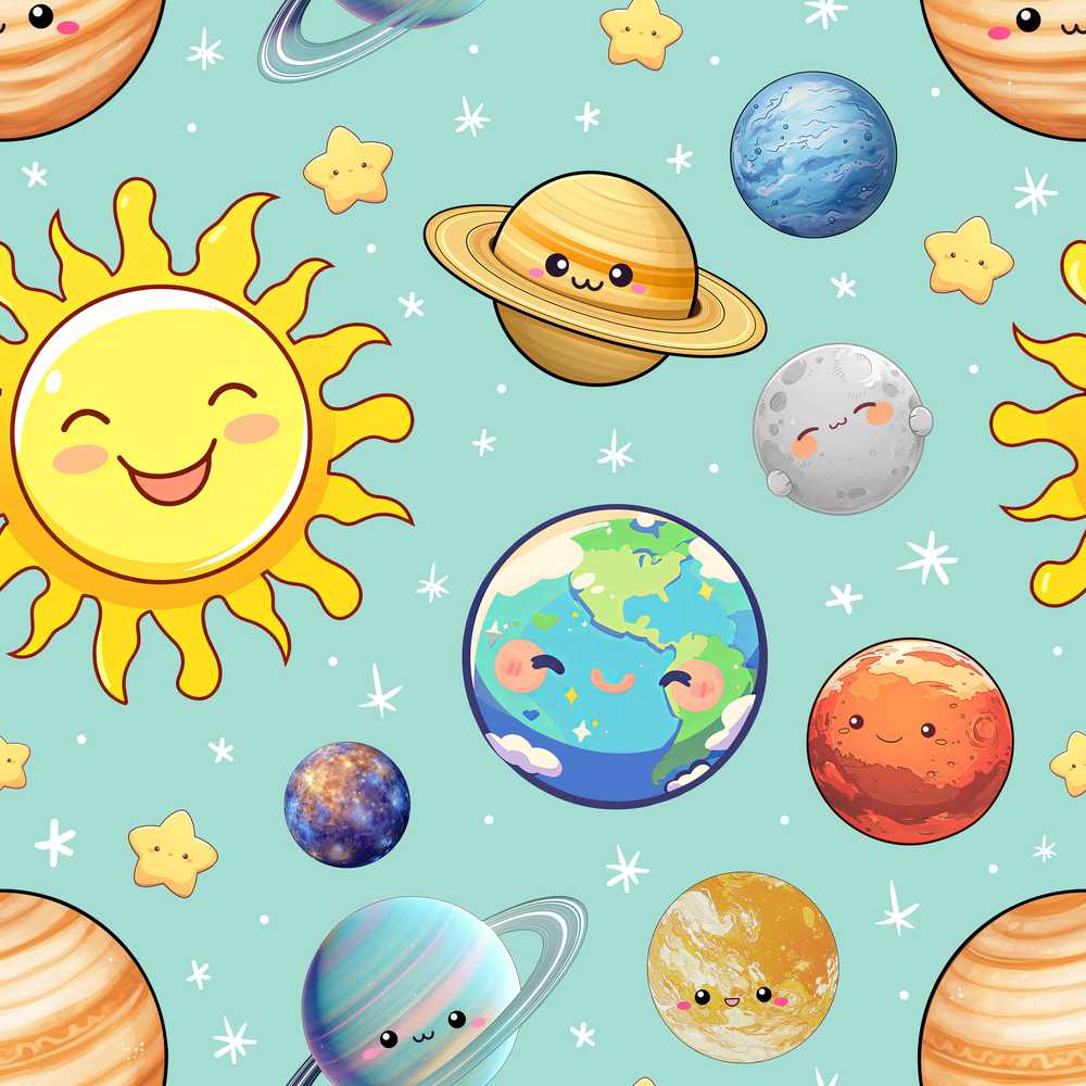 Solar System Planets Smiling Sun Earth Saturn Mint Background