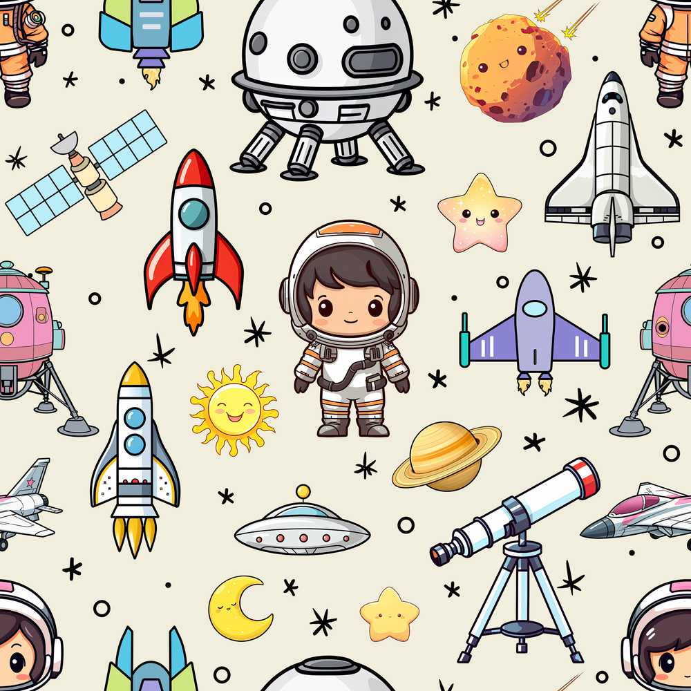 Space Astronaut Rockets UFO Telescope Beige Background Cosmic