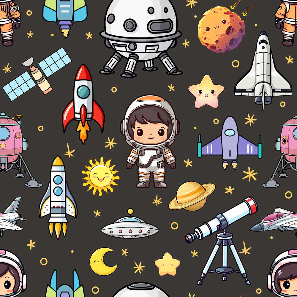 Space Astronaut Rockets UFO Telescope Dark Grey Background