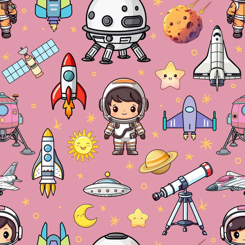 Space Astronaut Rockets UFO Telescope Pink Background Cosmic