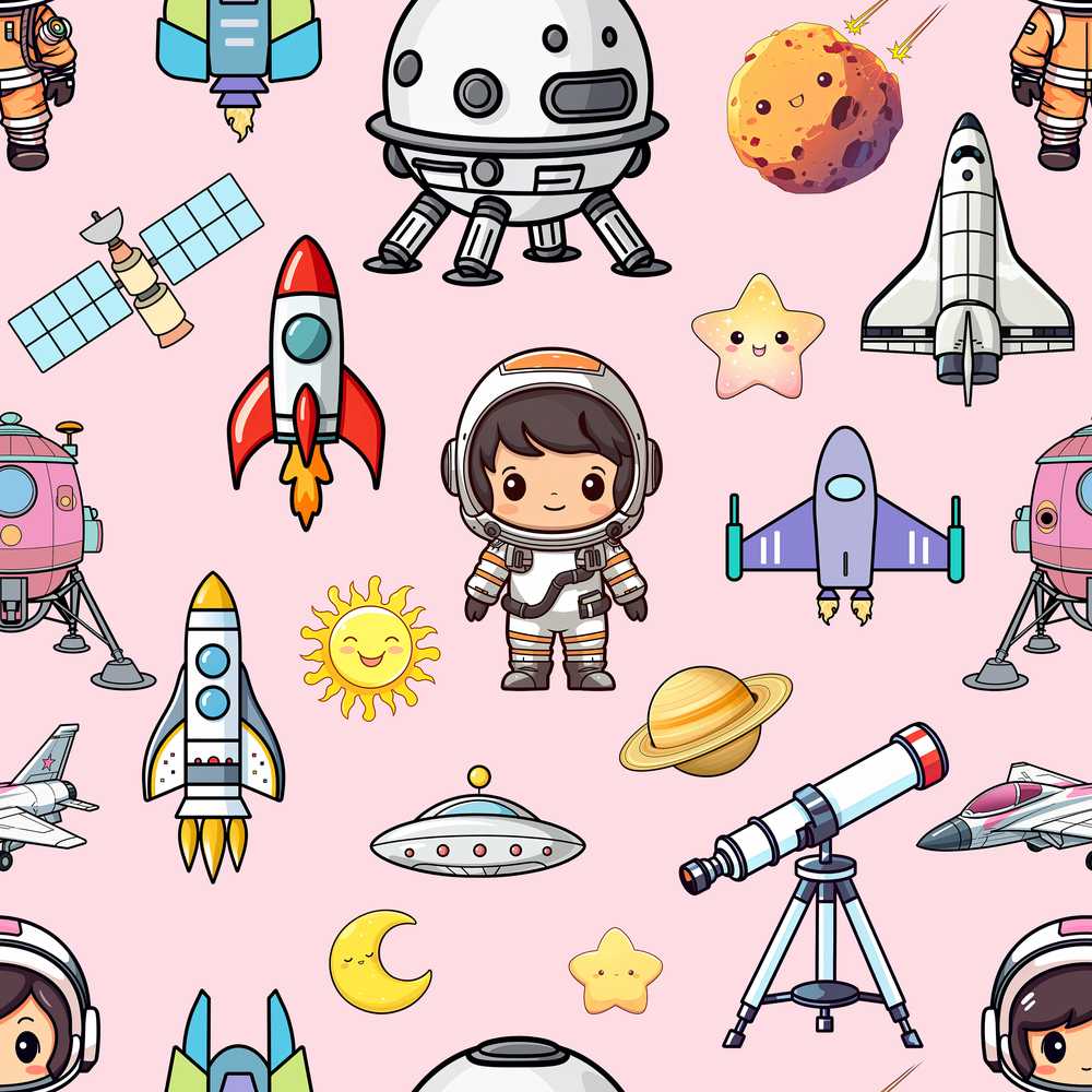 Space Astronaut Rockets UFO Telescope Light Pink Background