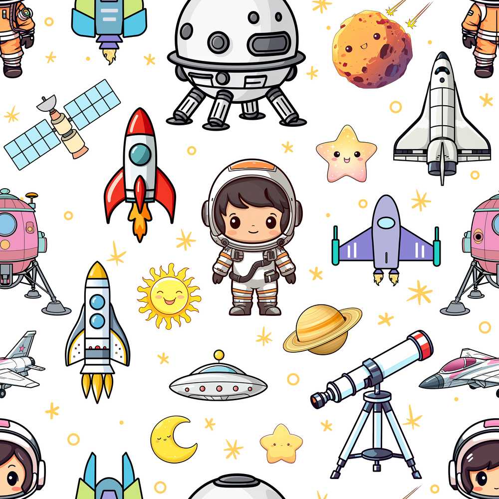 Space Astronaut Rockets UFO Telescope White Background Cosmic