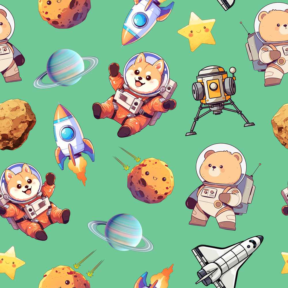 Space Dog Bear Astronaut Rockets Planets Green Background