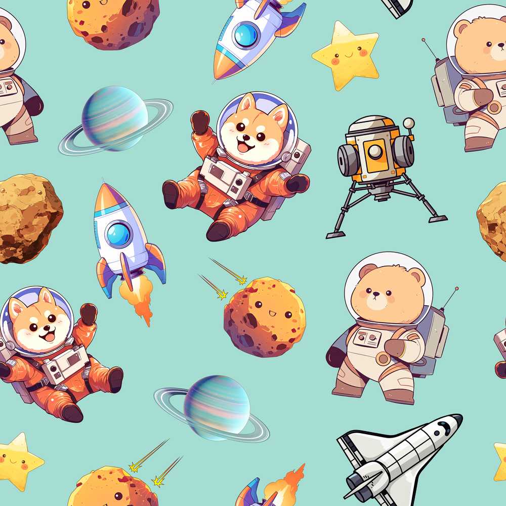 Space Dog Bear Astronaut Rockets Planets Teal Background