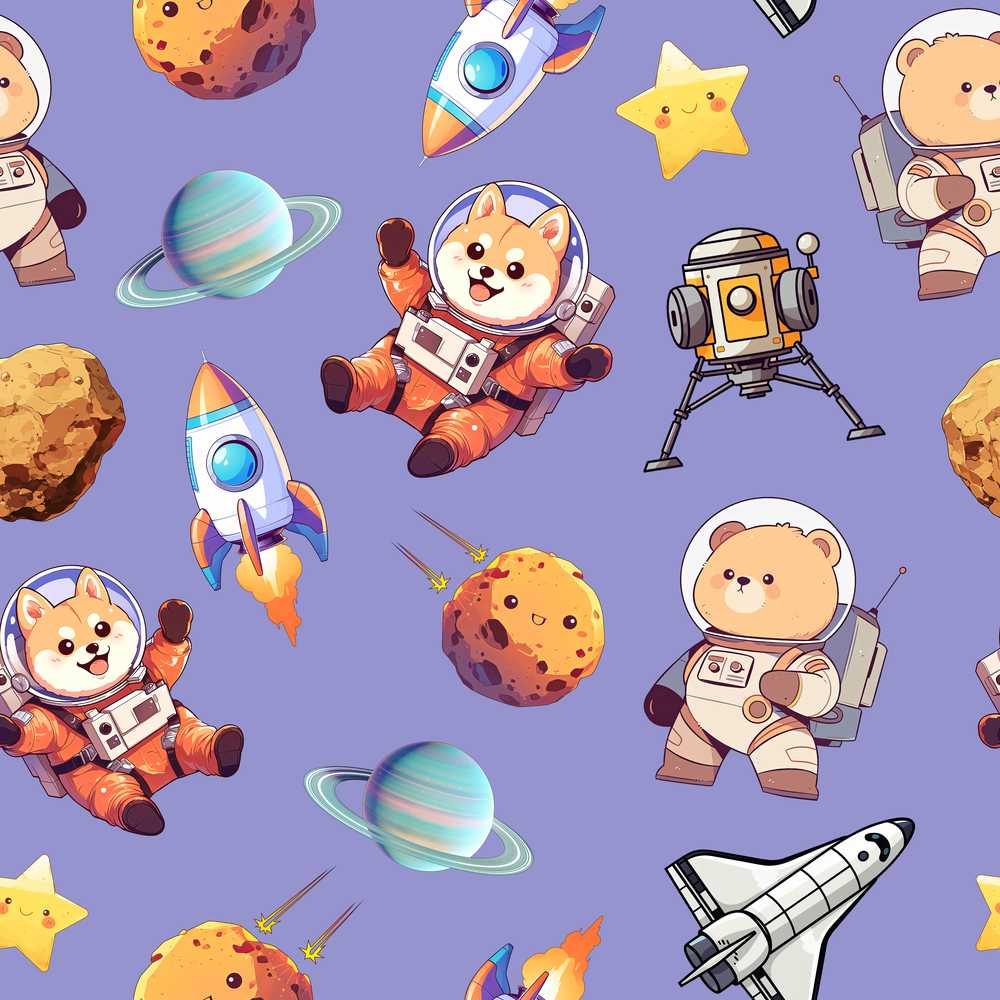 Space Dog Bear Astronaut Rockets Planets Lavender Background