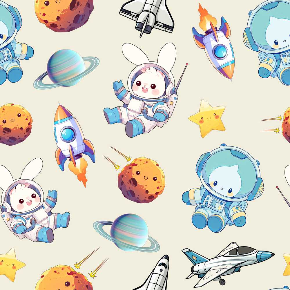 Space Bunny Cat Astronaut Rockets Planets Beige Background