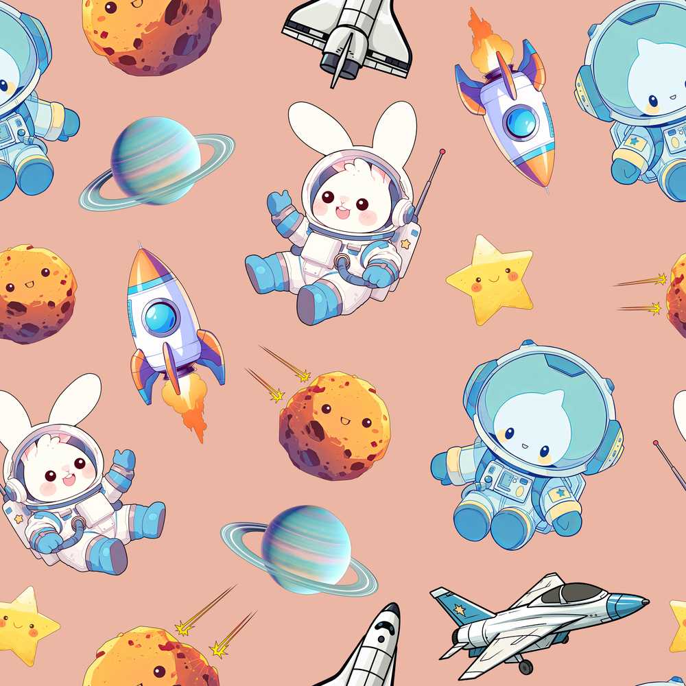 Space Bunny Cat Astronaut Rockets Planets Peach Background