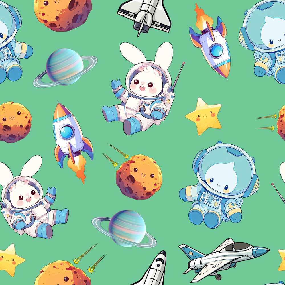 Space Bunny Cat Astronaut Rockets Planets Green Background