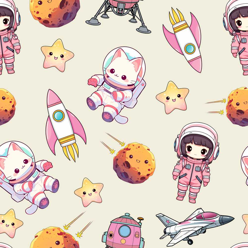 Space Cat Astronaut Girl Rockets Stars Cream Background