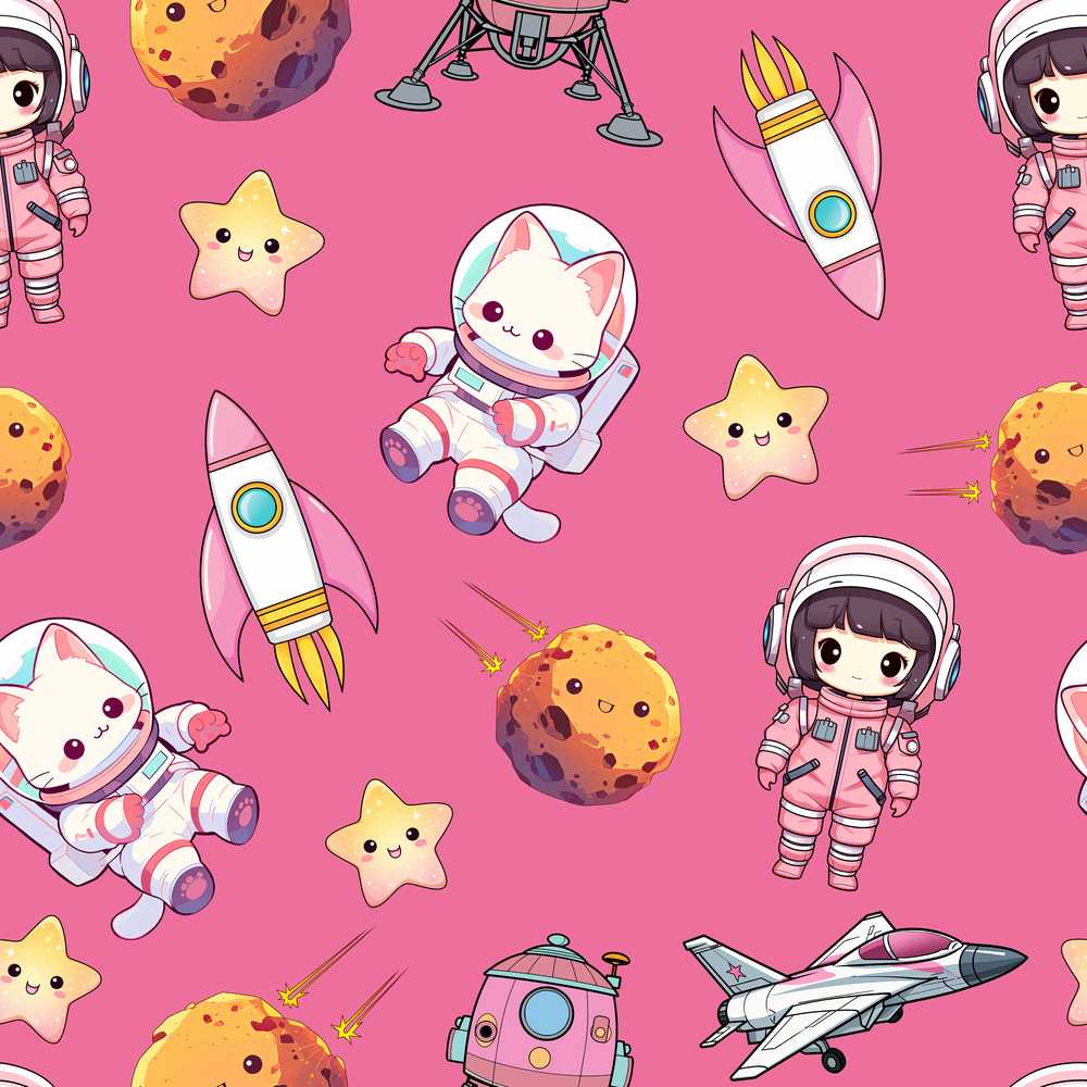 Space Cat Astronaut Girl Rockets Stars Pink Background