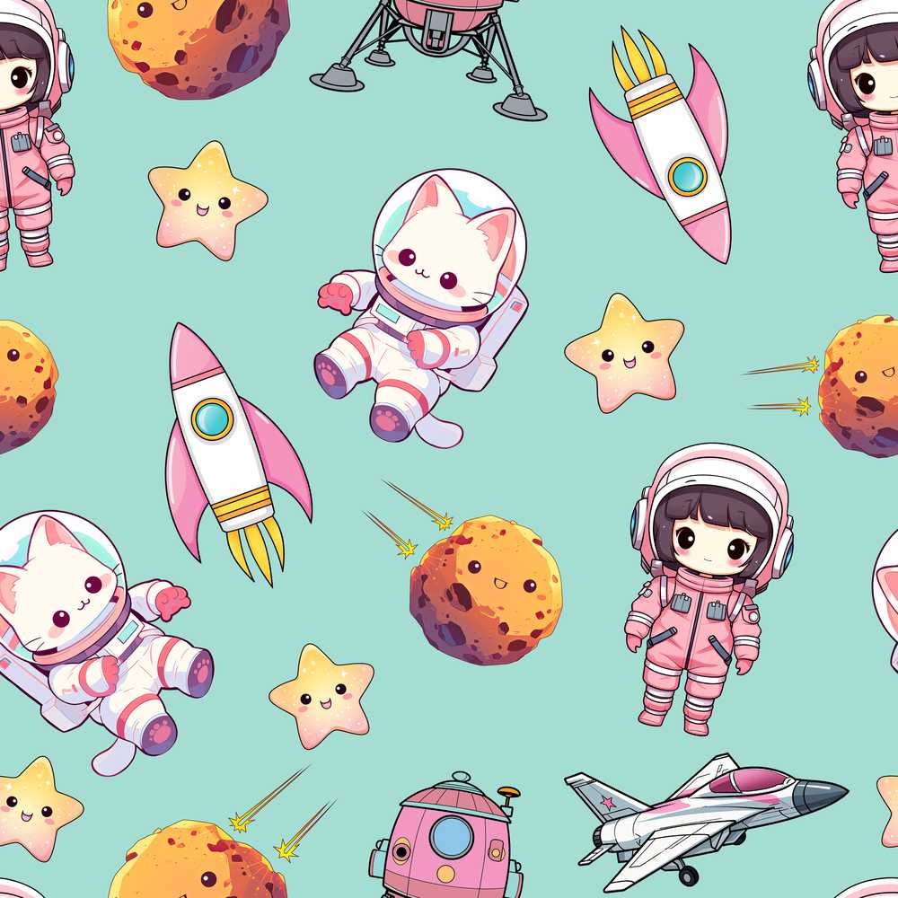 Space Cat Astronaut Girl Rockets Stars Mint Background