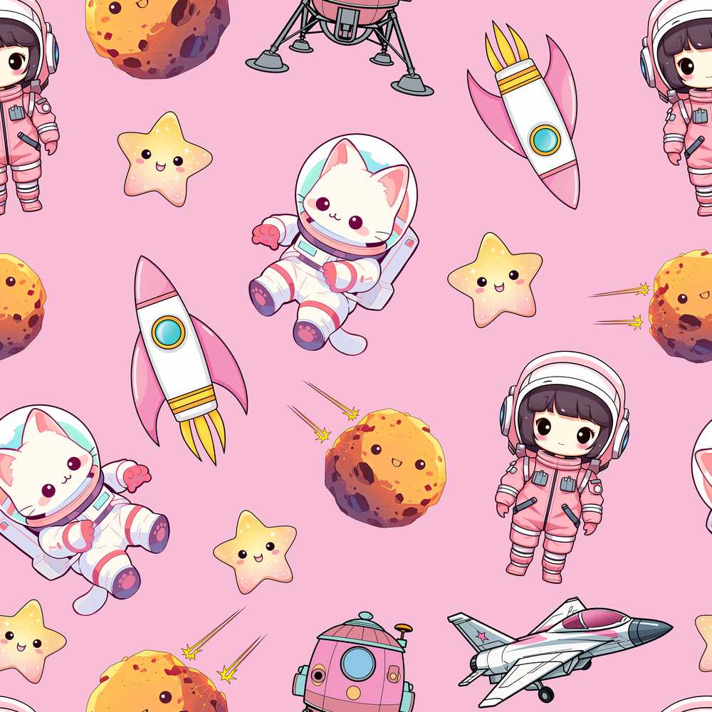 Space Cat Astronaut Girl Rockets Stars Pink Background