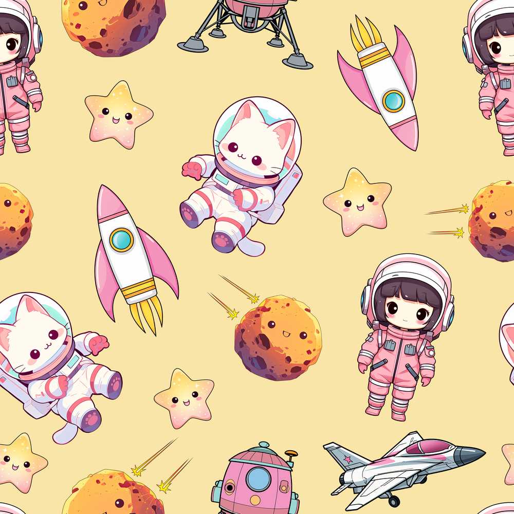 Space Cat Astronaut Girl Rockets Stars Yellow Background