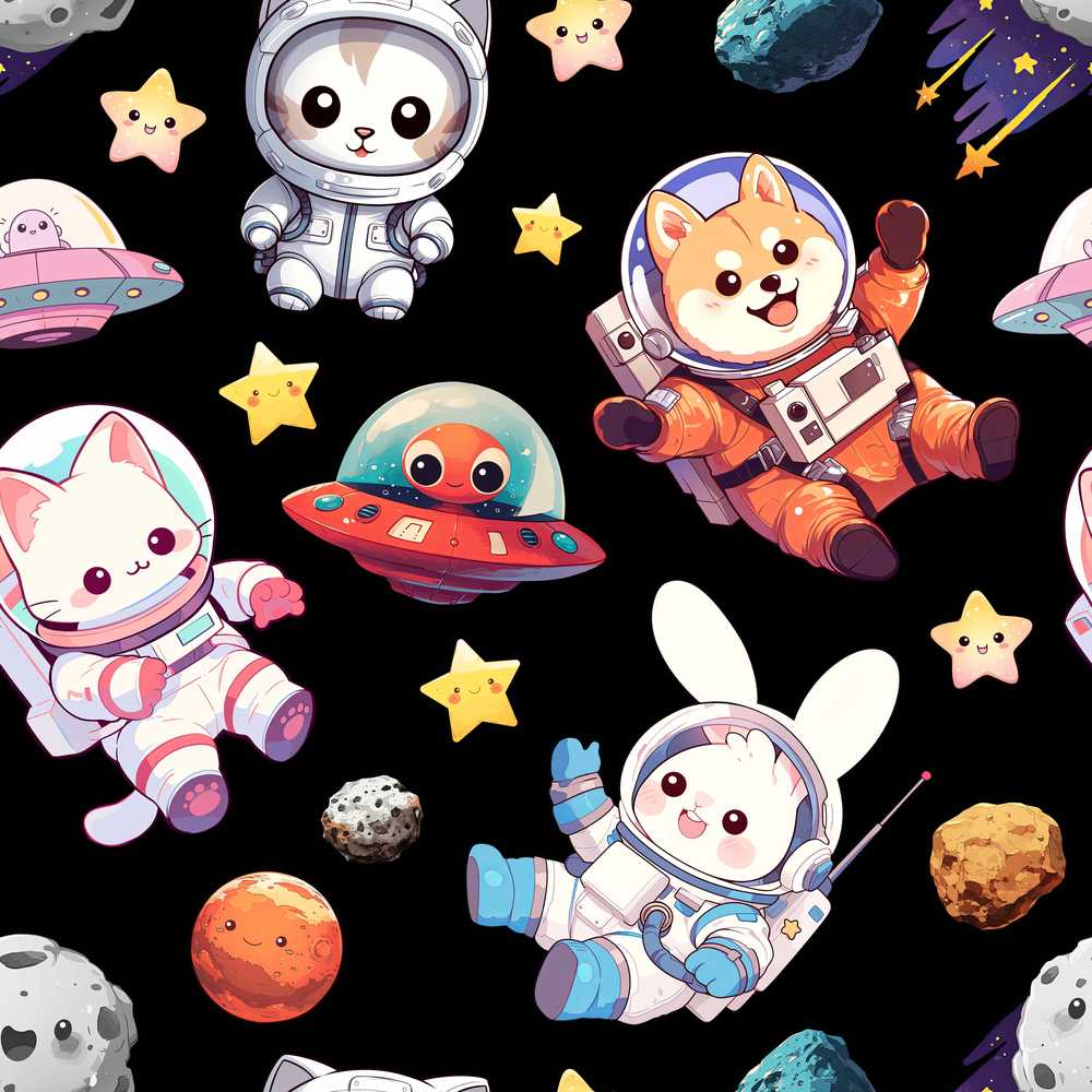 Space Animals Astronaut Dog Bunny UFO Stars Black Background