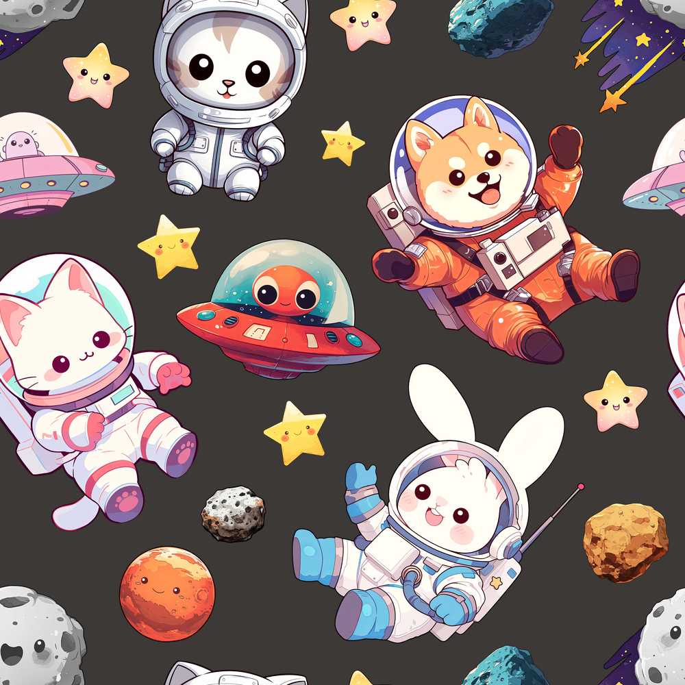 Space Animals Astronaut Dog Bunny UFO Stars Dark Background
