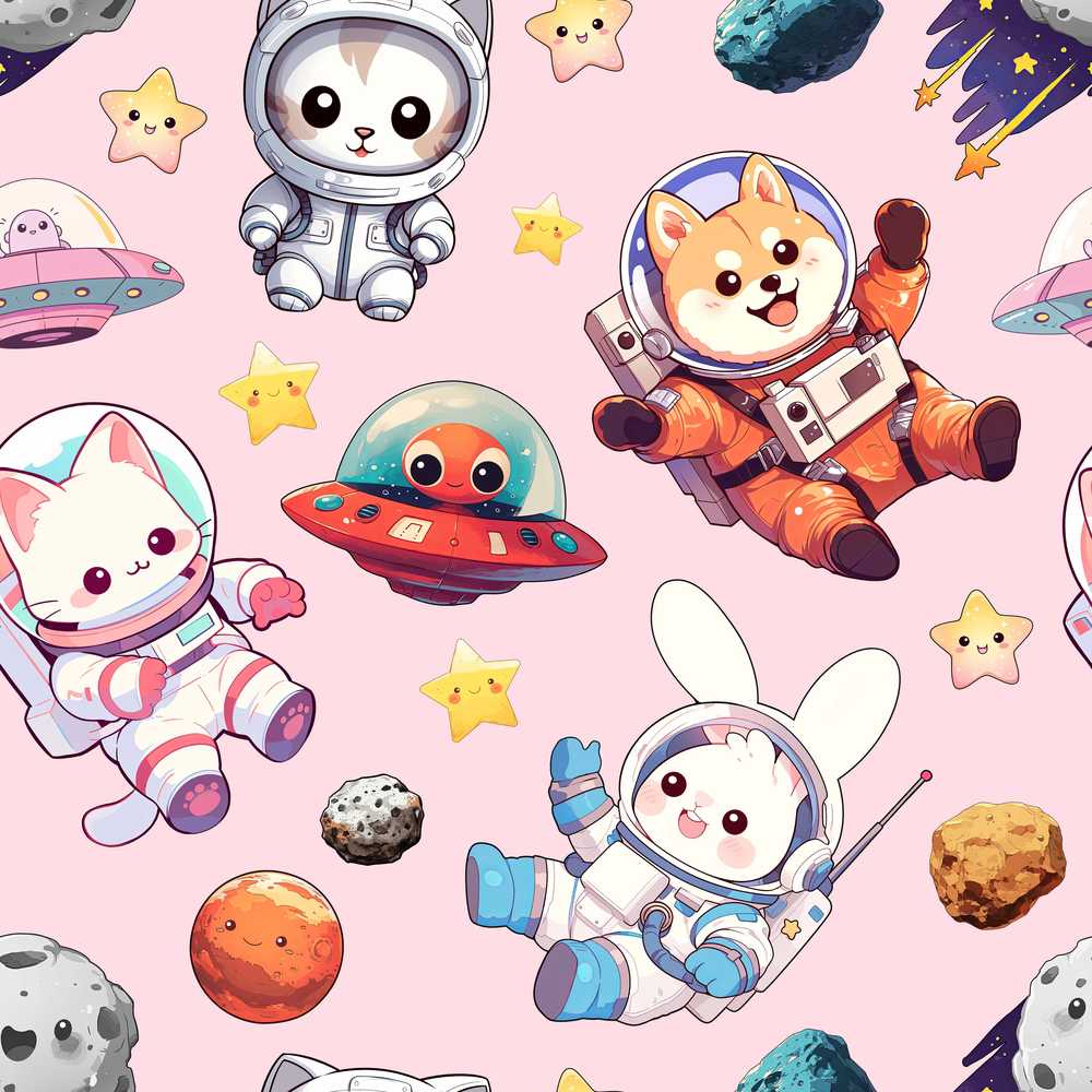 Space Animals Astronaut Dog Bunny UFO Stars Blush Pink Background