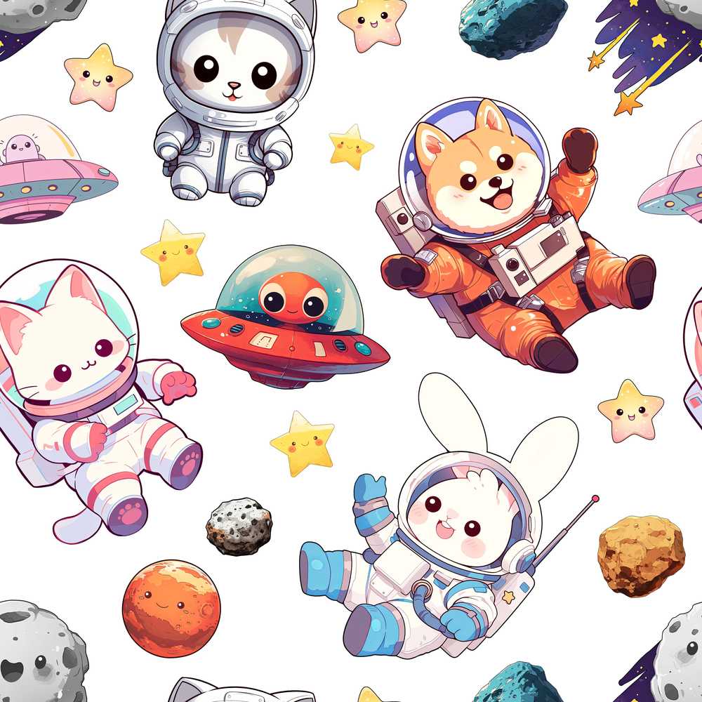 Space Animals Astronaut Dog Bunny UFO Stars Light Grey Background