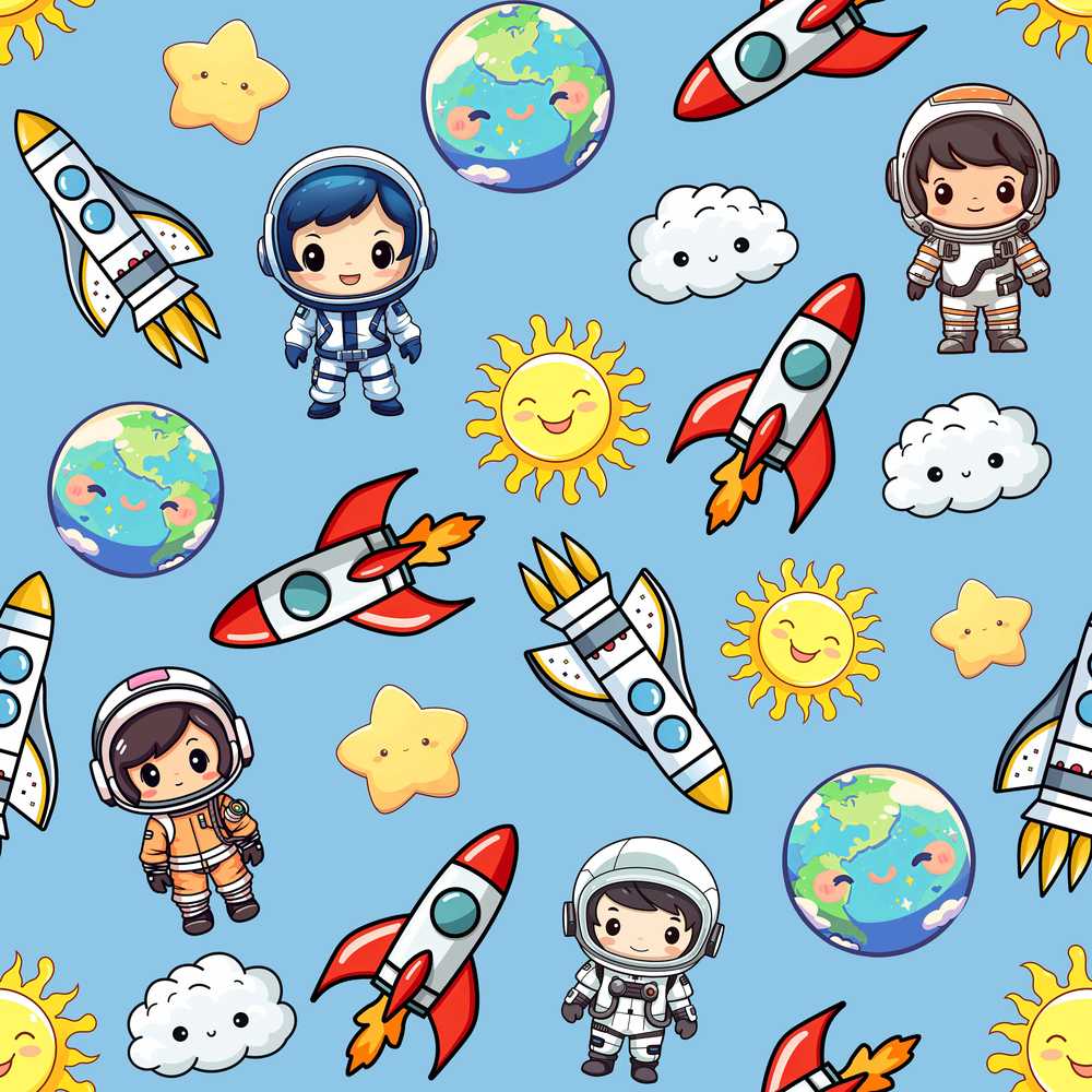 Cute Cartoon Space Rockets Sun Earth Clouds Stars Blue Background