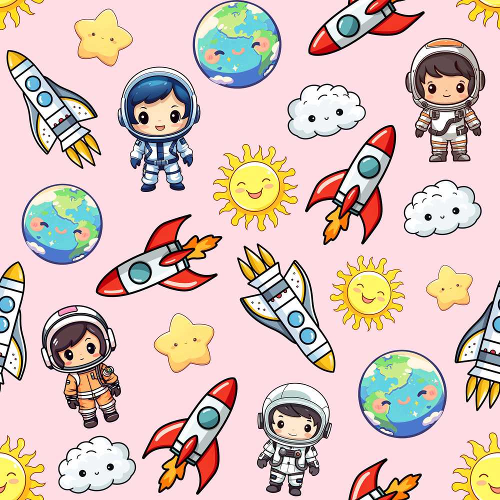 Cartoon Space Rockets Sun Earth Clouds Stars Blush Pink Background